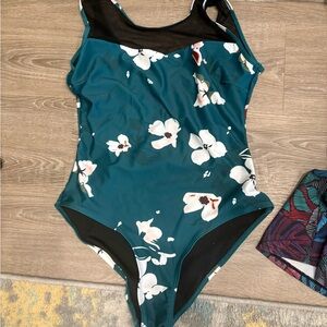 Teal Floral One-Piece Swimsuit with Mesh Yoke